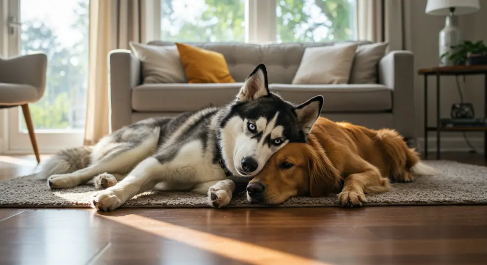 Husky and golden retriever relaxing indoors.
