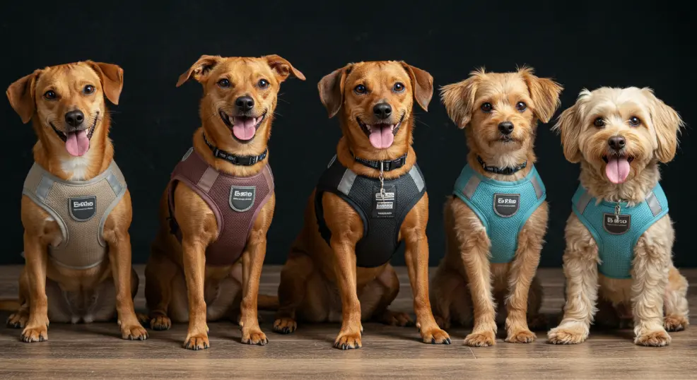 Collage of dogs of different breeds wearing collars and harnesses.