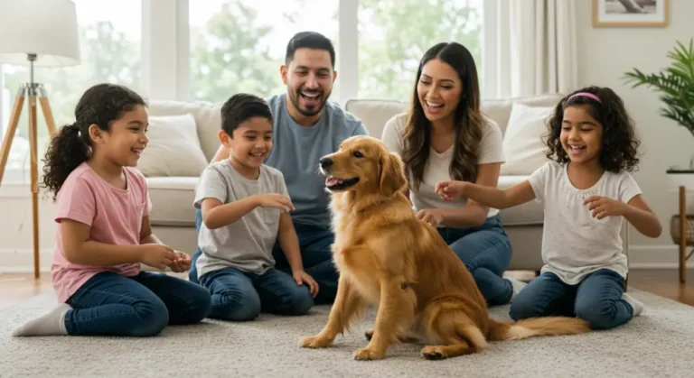 Family celebrating after adopting a Golden Retriever.