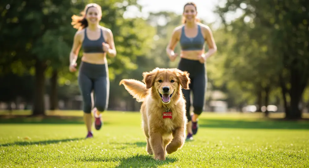 golden retriever with name tag running with two girls