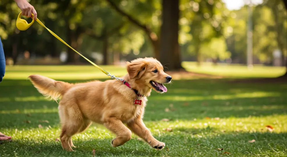 golden retriever with name tag playing