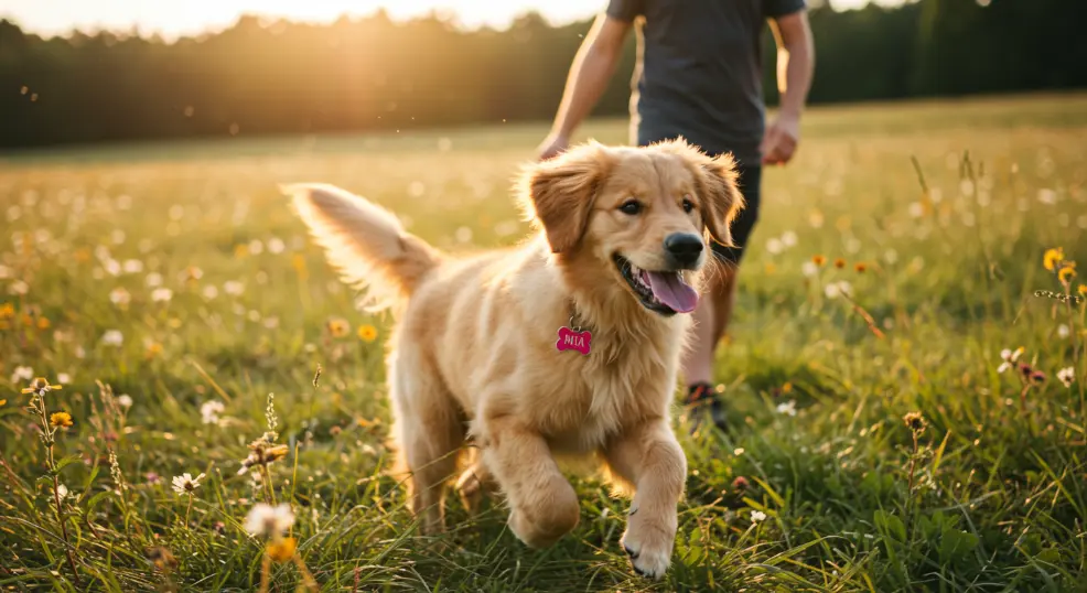 golden retriever with name tag walking