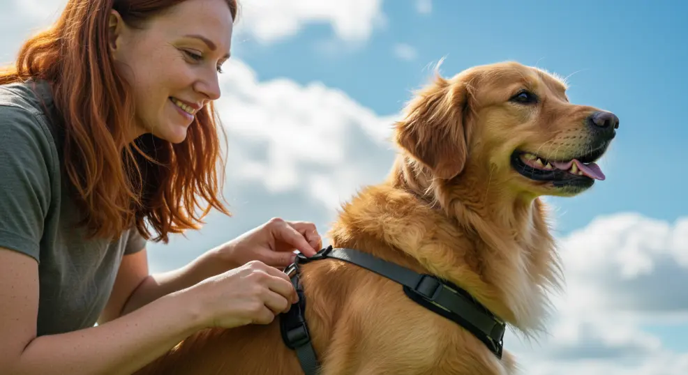  Golden Retriever walking outdoors wearing a harness.