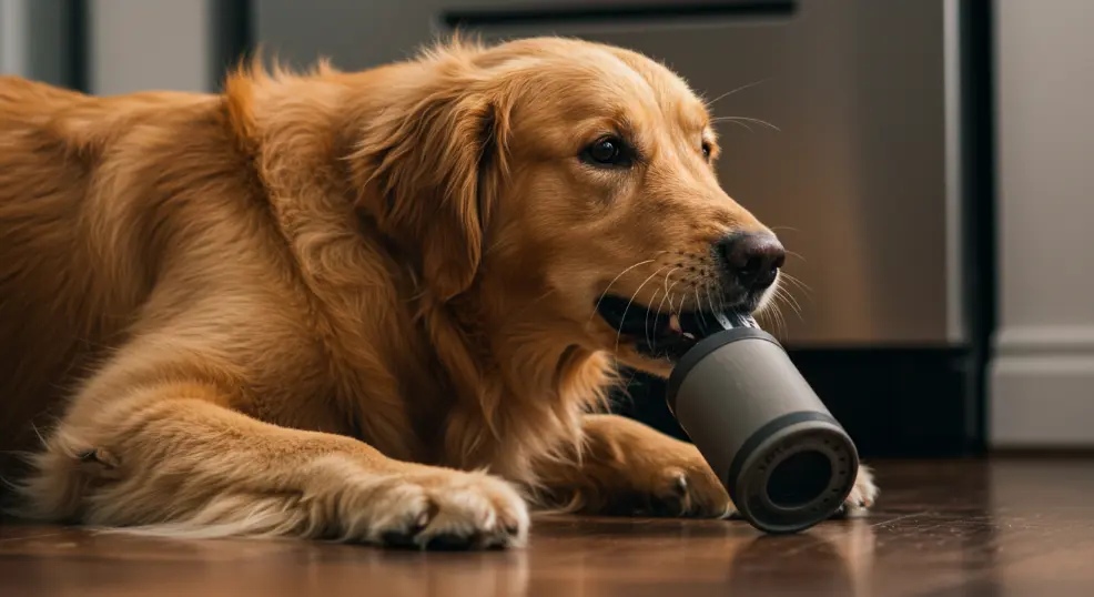 Adopted Golden Retriever chewing household item.