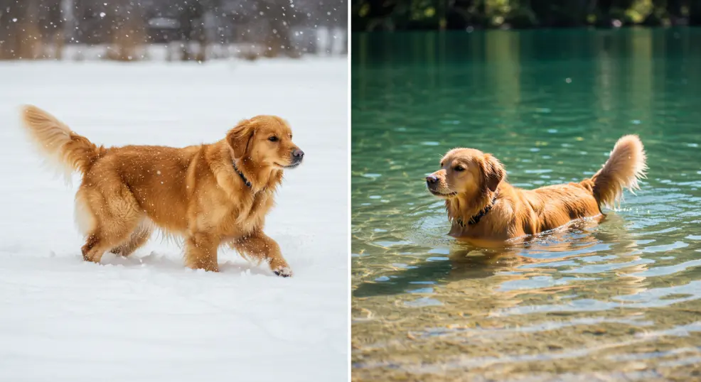golden retriever enjoying snow and water both
