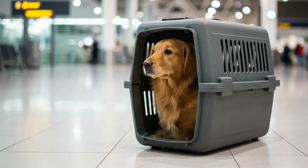 Golden retriever waiting in crate for a flight.