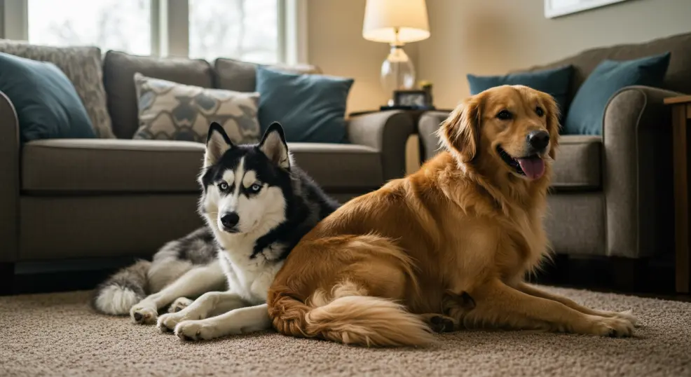 husky and golden retriever sitting in a lounge