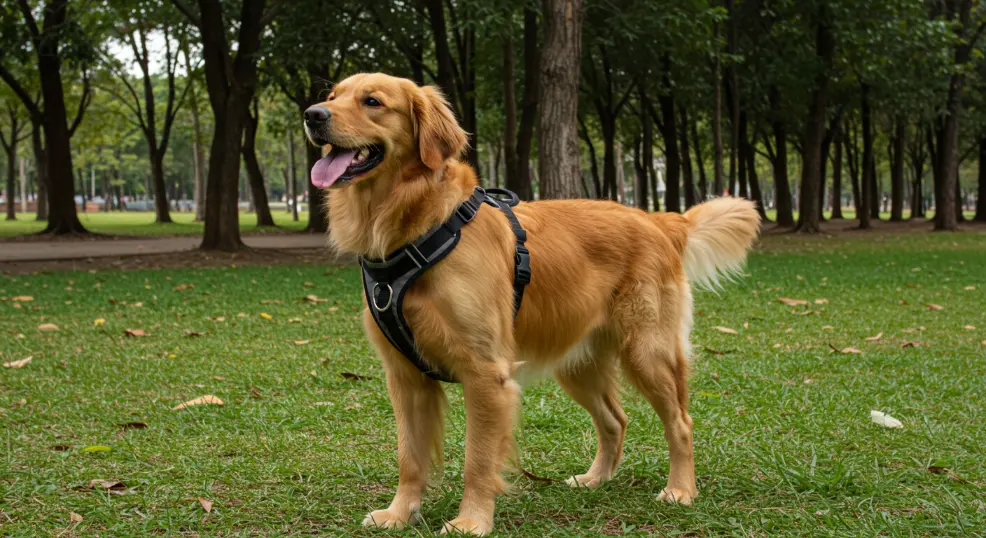 Harnesses, Collars & Leashes on golden retriever.