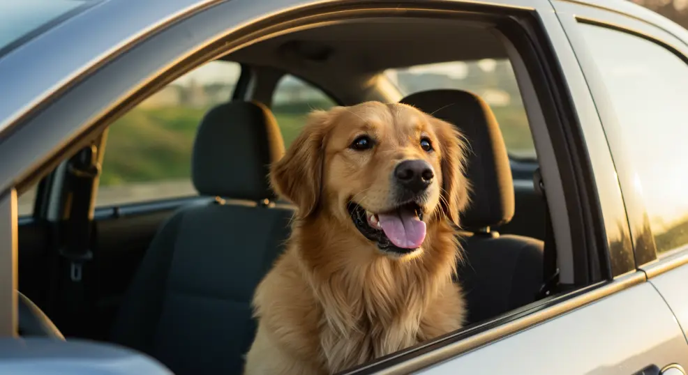 Golden retriever enjoying car ride.