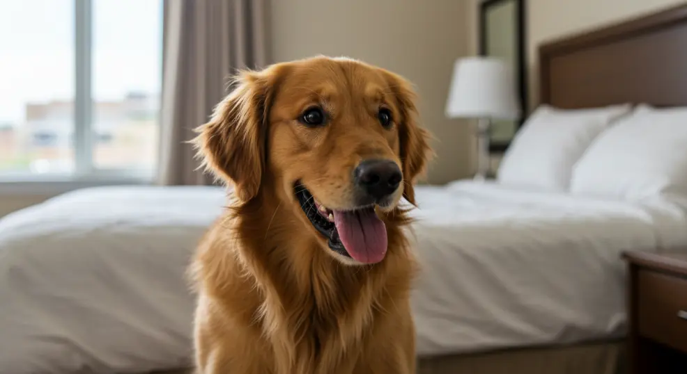 Golden retriever relaxing in a hotel room.