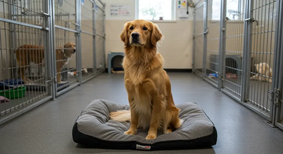 Golden Retriever sitting inside an animal shelter waiting for adoption.