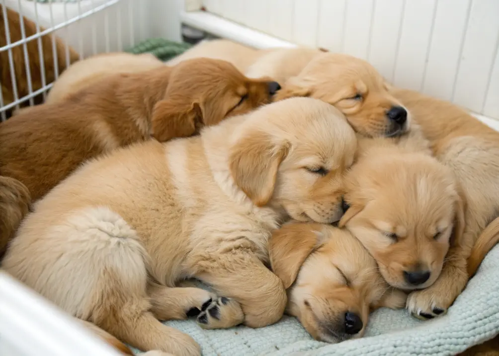 Newborn Golden Retriever puppies sleeping in a pile.