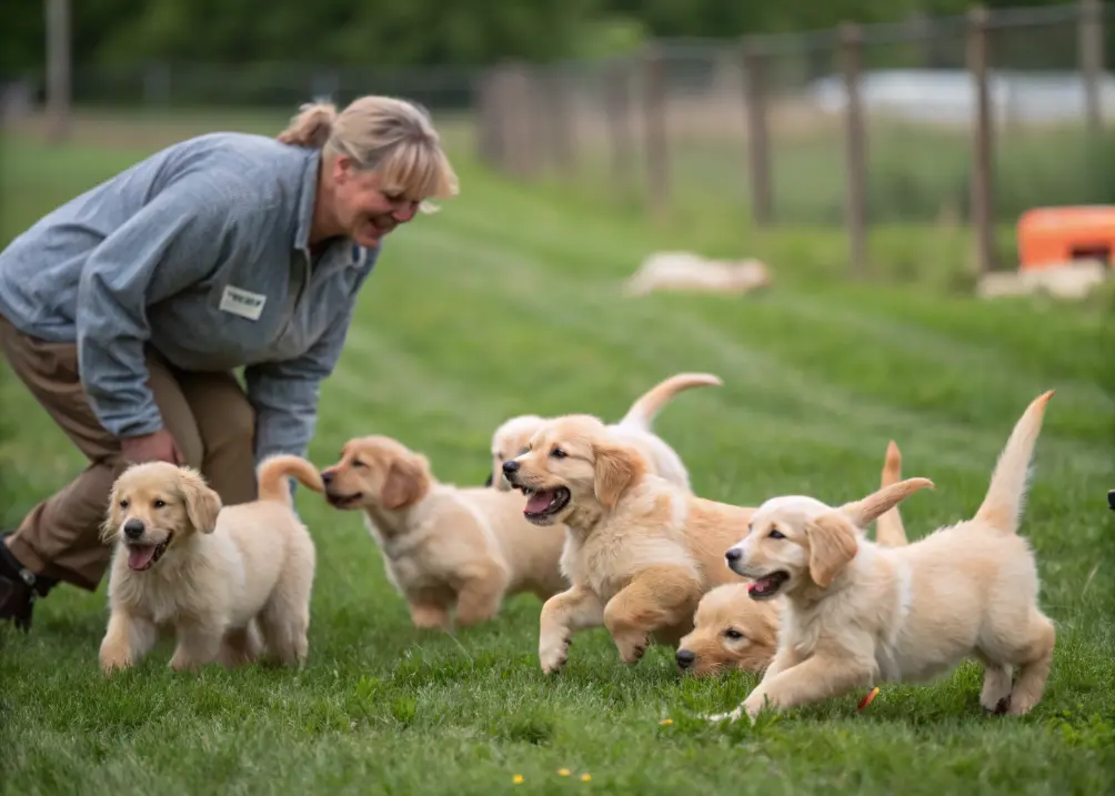 Golden Retriever puppies playing while a breeder watches.