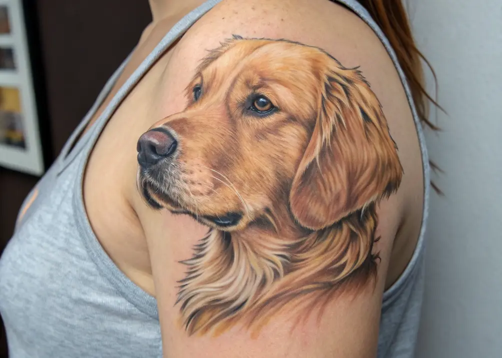 Realistic Golden Retriever tattoo portrait on arm.