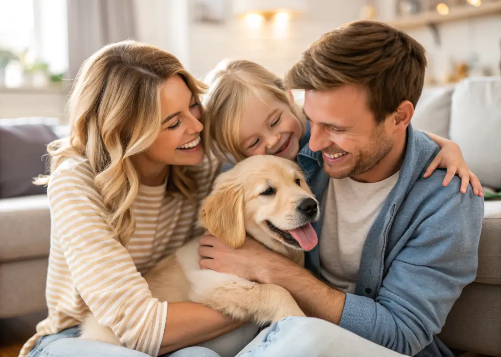 family holding their new golden retriever puppy