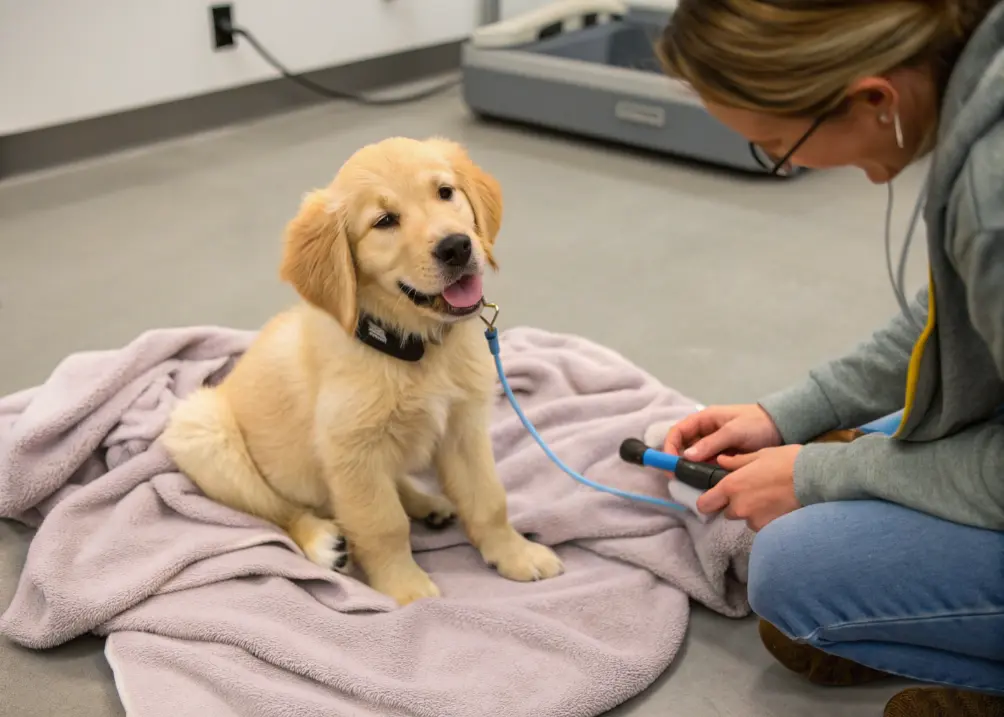 Golden Retriever puppy being observed for behavior traits.