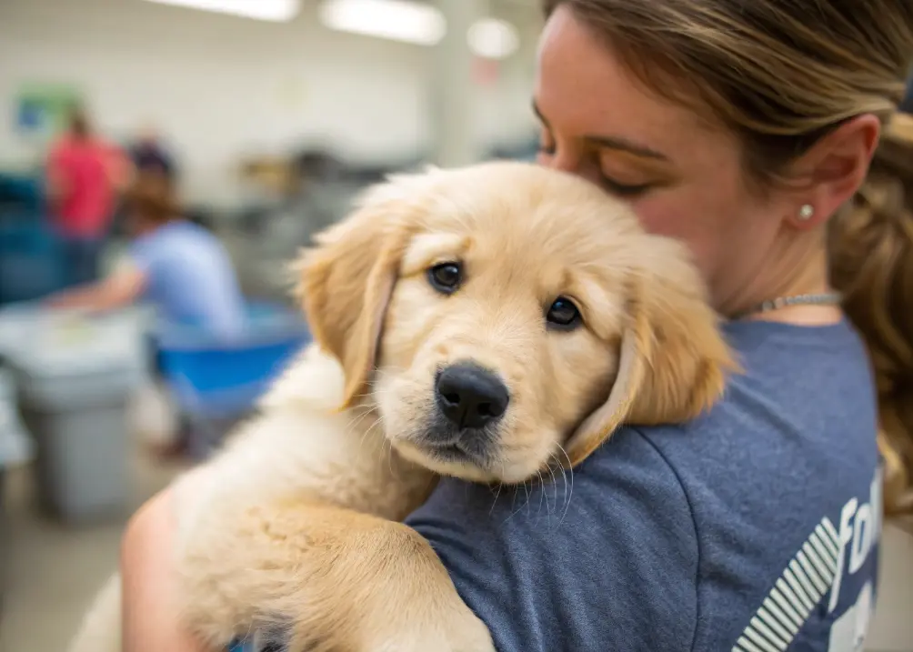 Golden Retriever puppy cuddled in arms of volunteer at a shelter.