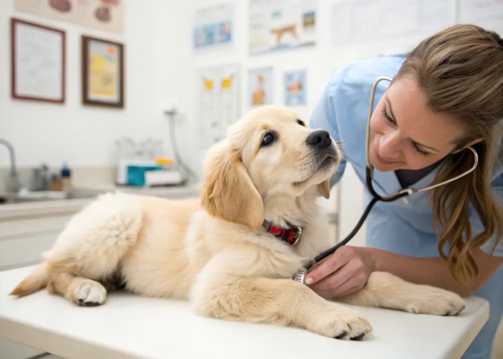 Golden Retriever puppy being checked by a veterinarian.
