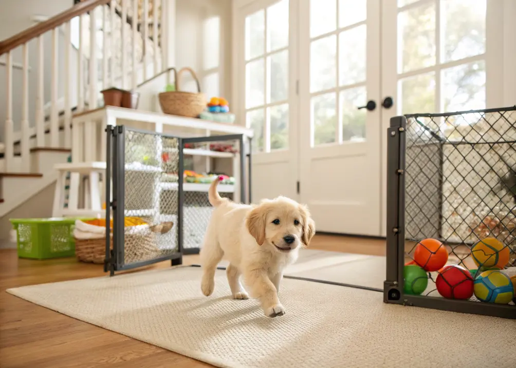 Golden Retriever puppy walking through a puppy-proofed home