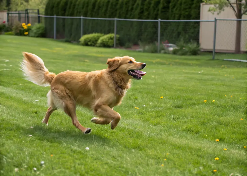 adopted golden retriever running happily