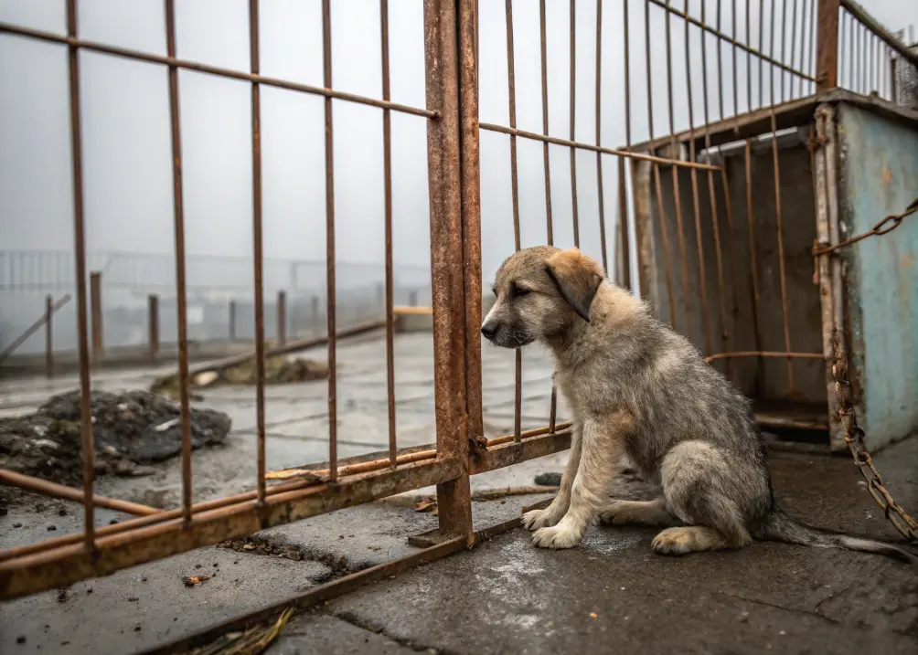  Lonely puppy sitting in outdoor cage, poor breeding condition.