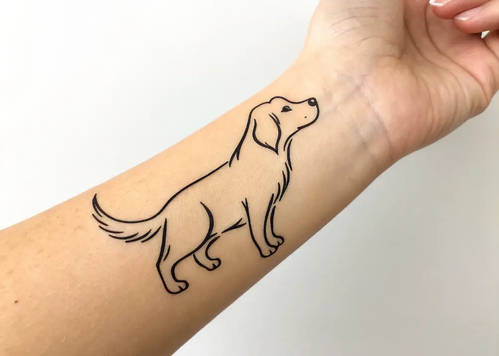  Minimalist Golden Retriever outline tattoo on wrist.