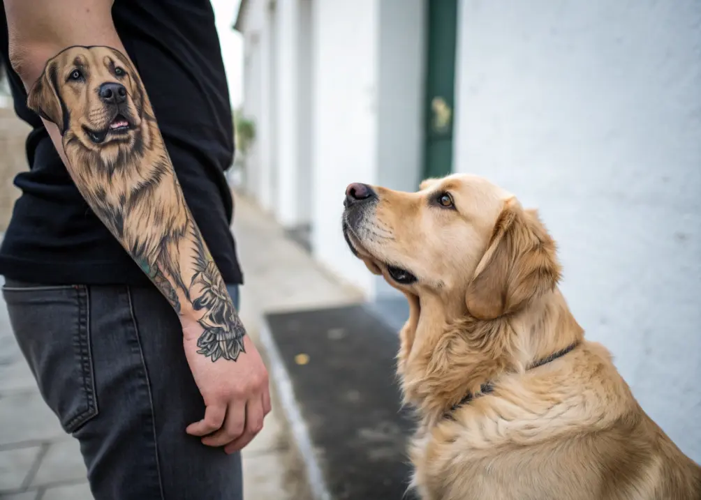 Golden Retriever tattoo on forearm with real Golden Retriever next to it.