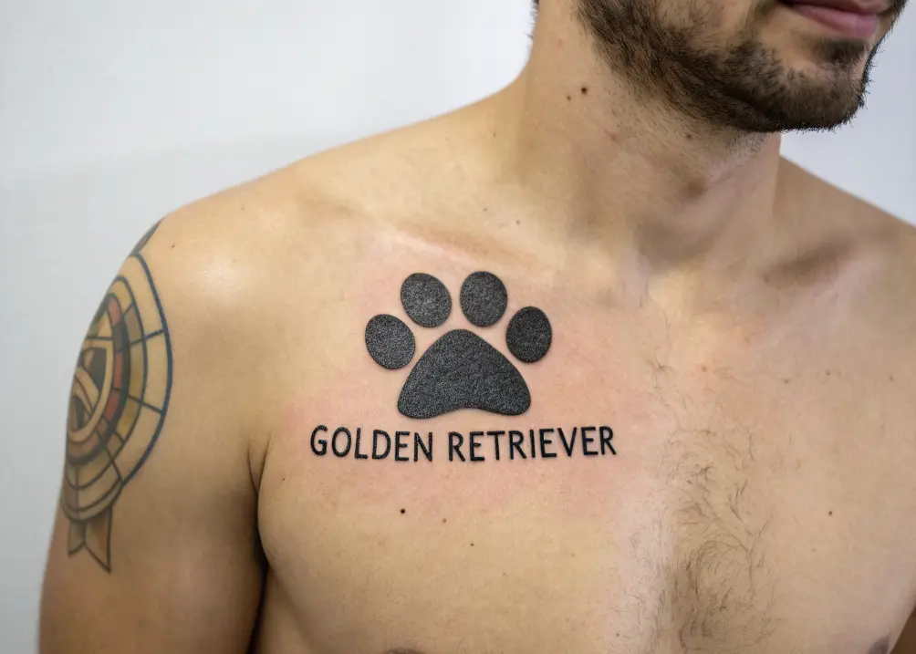  Golden Retriever paw print tattoo with name.