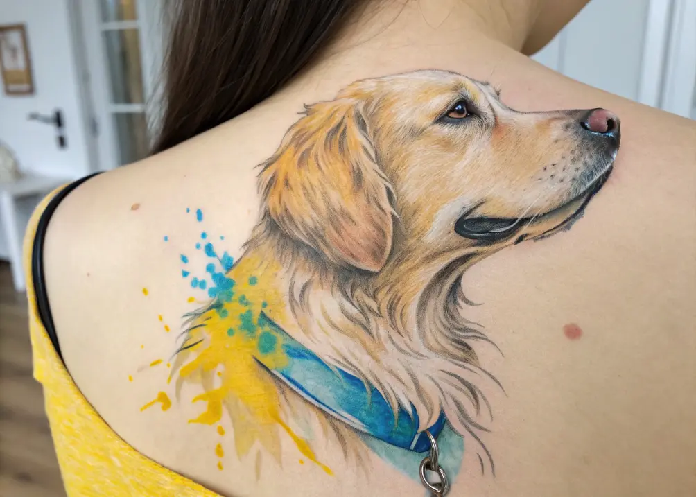 Watercolor Golden Retriever tattoo design.