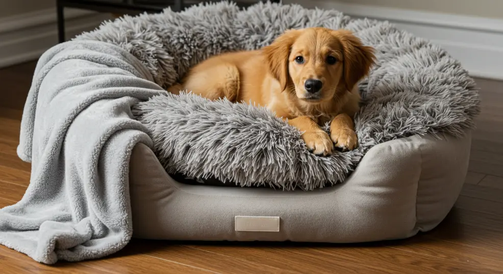  Comfy golden retriever bed in a puppy nursery.