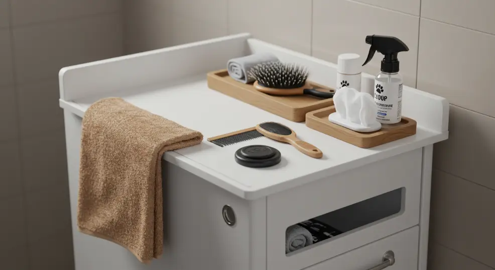 Golden retriever grooming station setup.