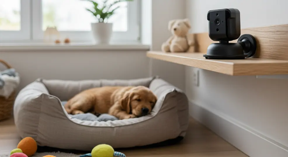 Puppy camera monitoring golden retriever nursery.