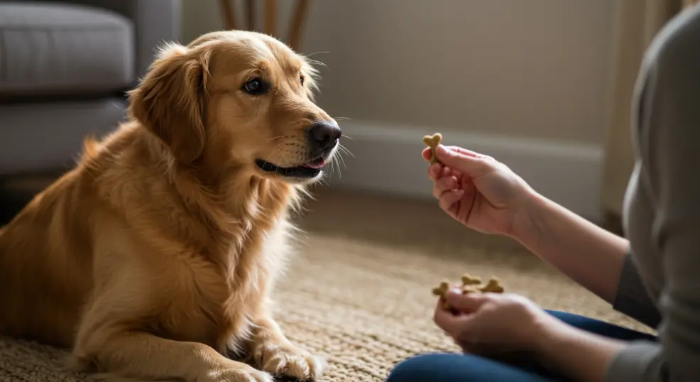 Golden Retriever learning basic obedience commands during training session.