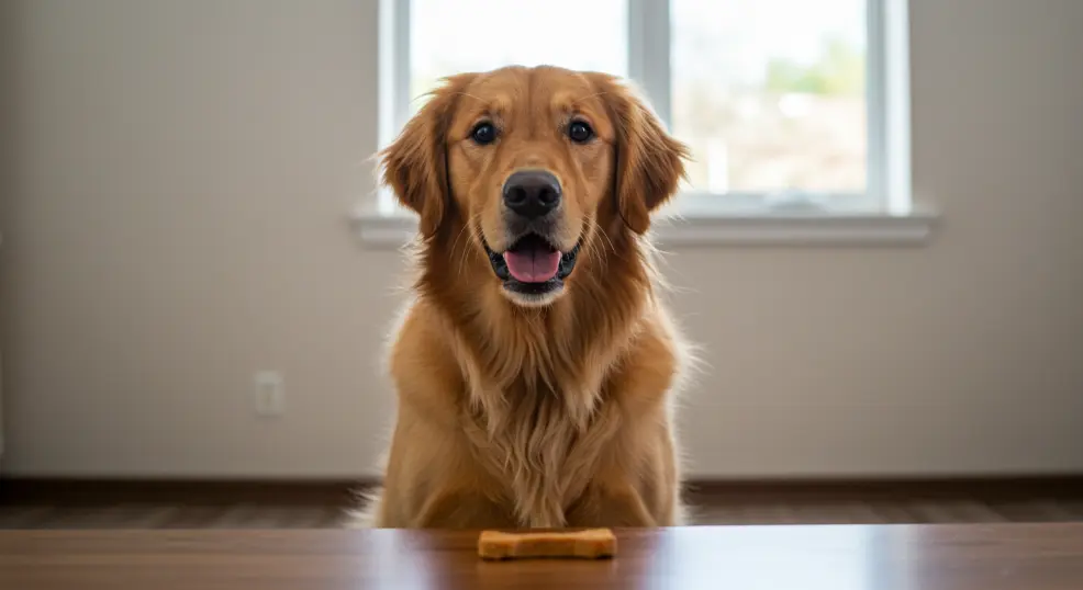 Owner rewarding Golden Retriever for obeying command.