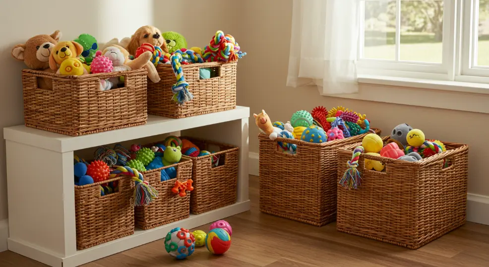 Organized storage for toys in a golden retriever nursery.