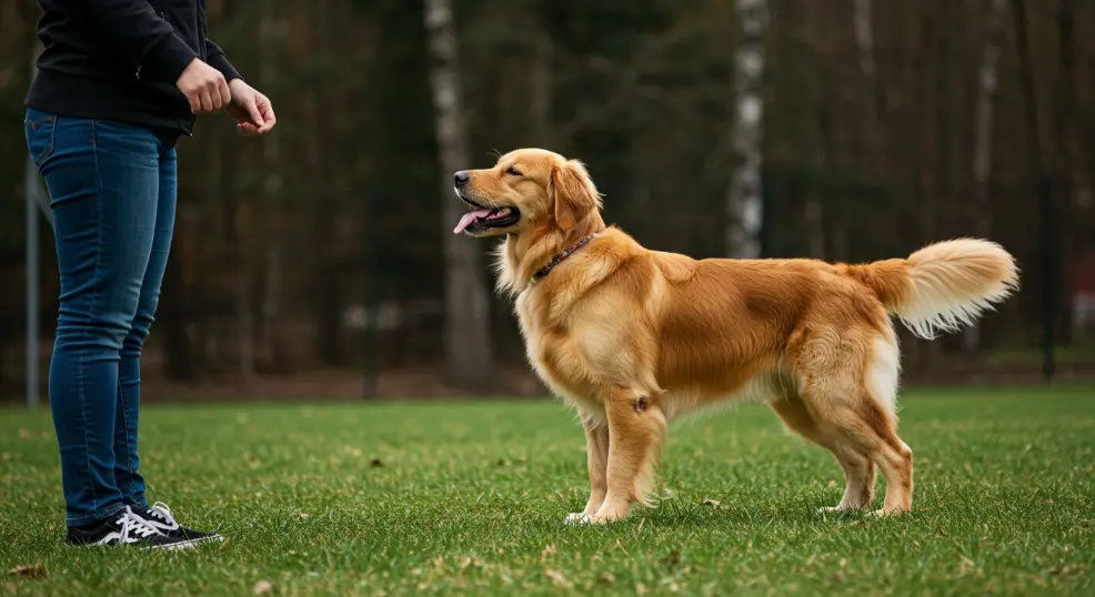 Golden Retriever practicing stay command outdoors.