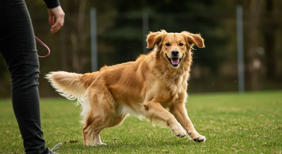Golden Retriever practicing recall command during training