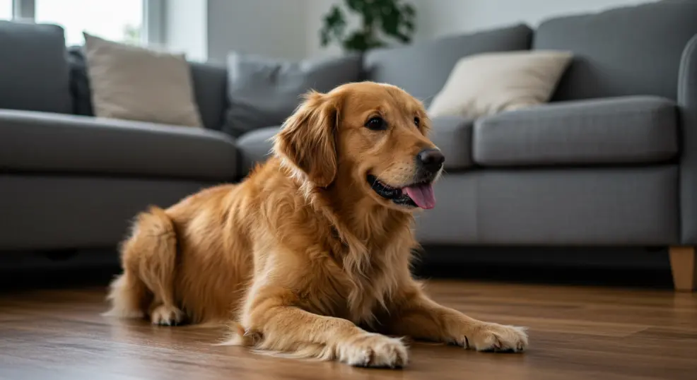 Golden Retriever following the “sit” command during obedience training.