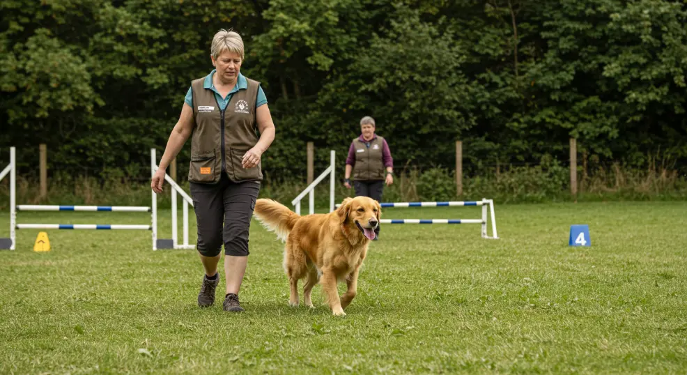Golden Retriever practicing advanced heel command outdoors.