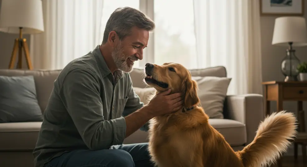 Golden Retriever receiving praise for good behavior.