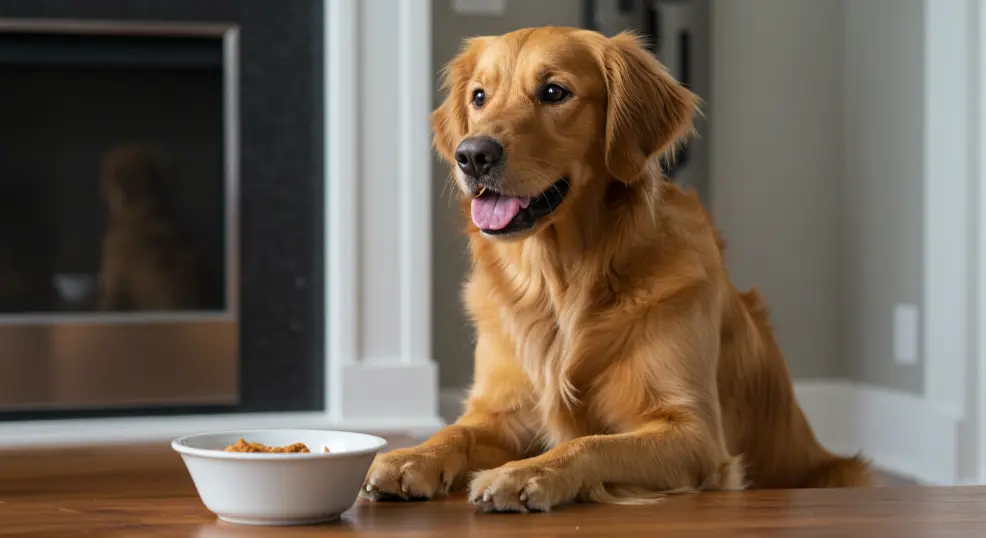 Trained Golden Retriever showing obedience before eating.