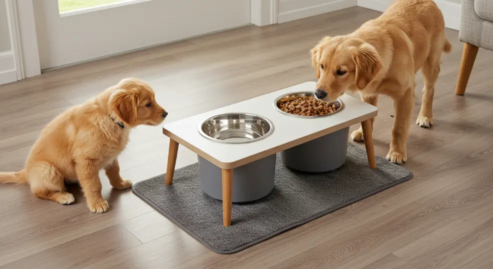 Golden retriever feeding station with food and water bowls.