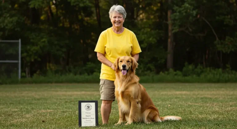 Well-trained Golden Retriever posing with proud owner after session.