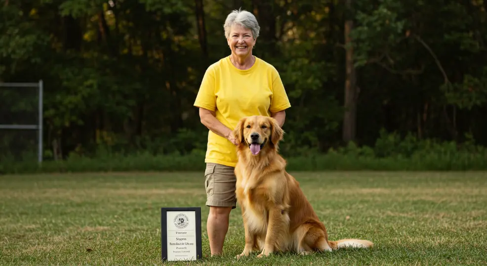 Well-trained Golden Retriever posing with proud owner after session.