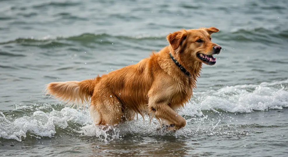 Happy Golden Retriever running in the ocean surf.