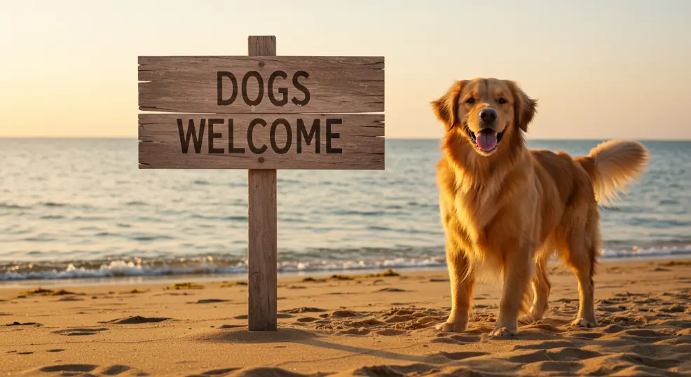 Golden Retriever sitting beside a dog-friendly beach sign.