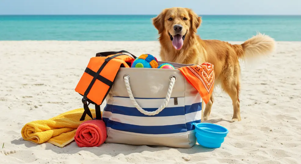 Beach bag filled with Golden Retriever beach essentials.