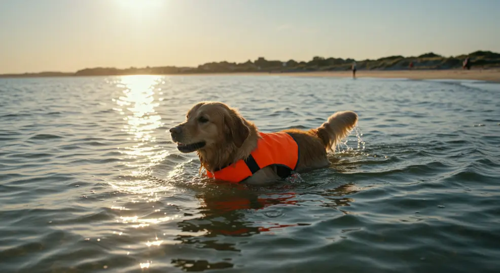 Golden Retriever swimming in the ocean with a safety vest.