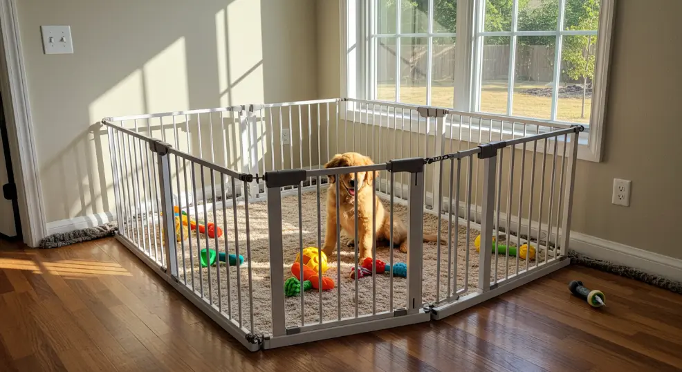 Puppy-proofed room setup with safety gates.