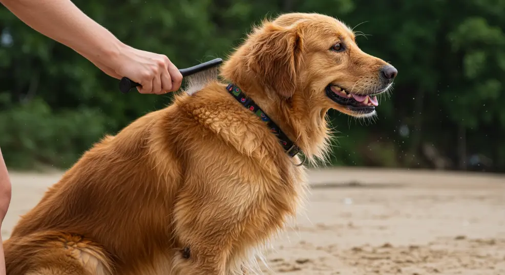 Golden Retriever being groomed after a beach swim.